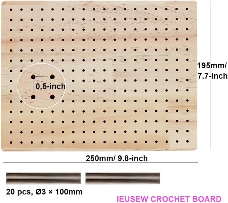 Ieusew 9.8 x7.7 inches Crochet Blocking Board with Pegs, Wooden Blocking Boards for Granny Square Projects, 20 Pcs Stainless Steel Rods - Image 2